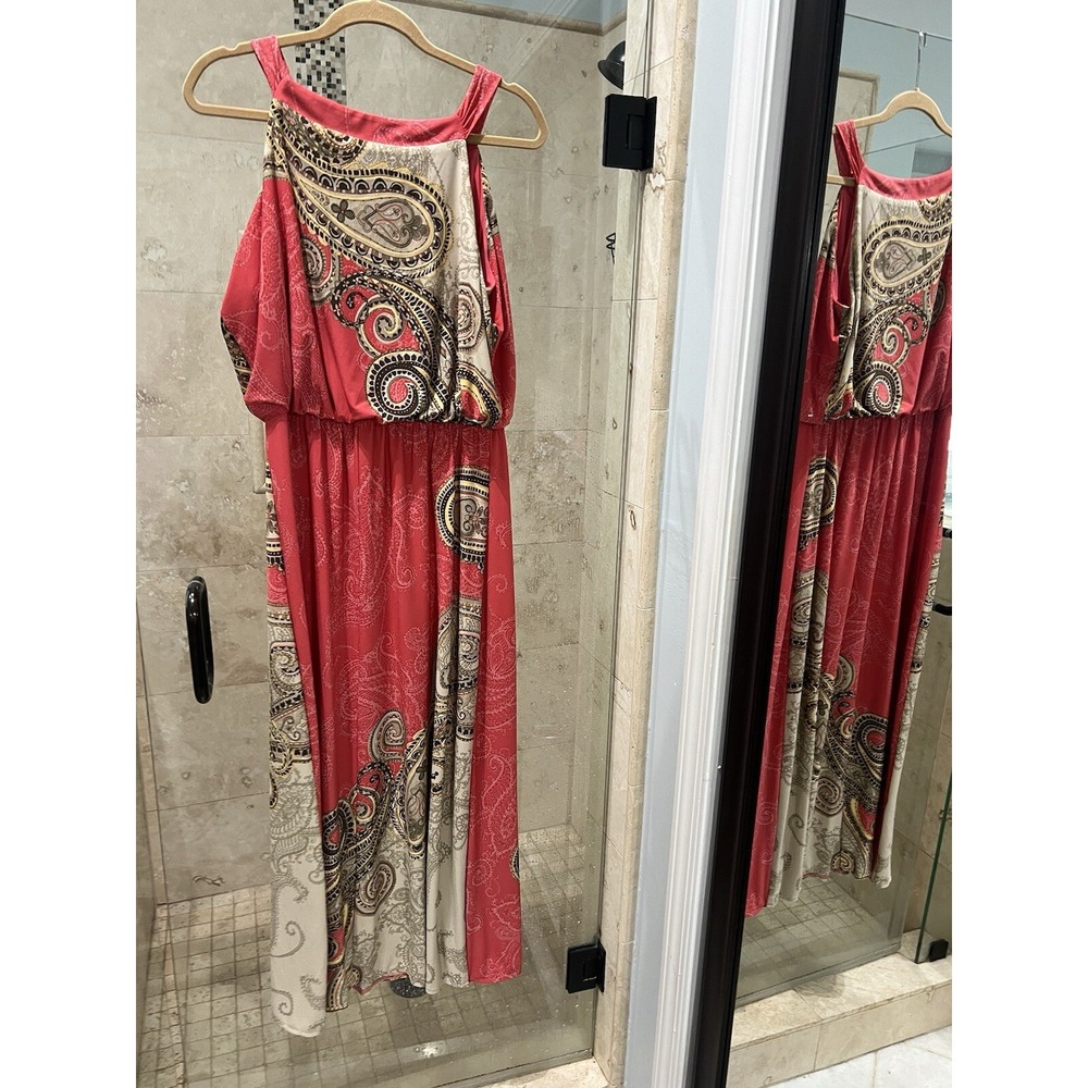 Chico's Contrast Paisley Hope Blouson Sleeveless Coral Maxi Dress Size 2 L - Picture 12 of 13